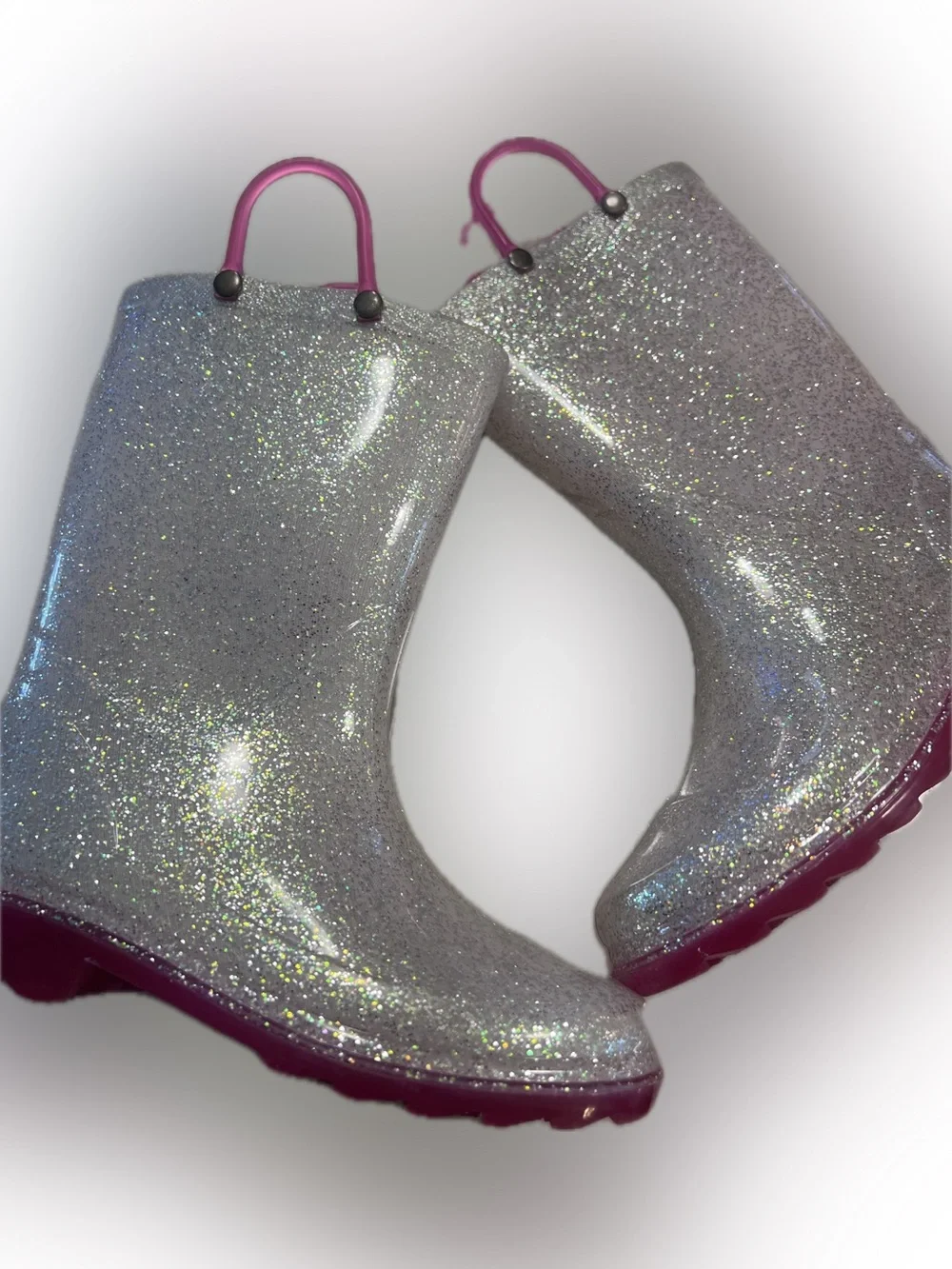 Sparkling Silver Glitter Rain Boots with Pink Handles